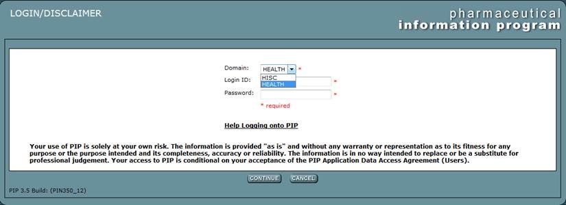 Screenshot of PIP Graphical User Interface Login